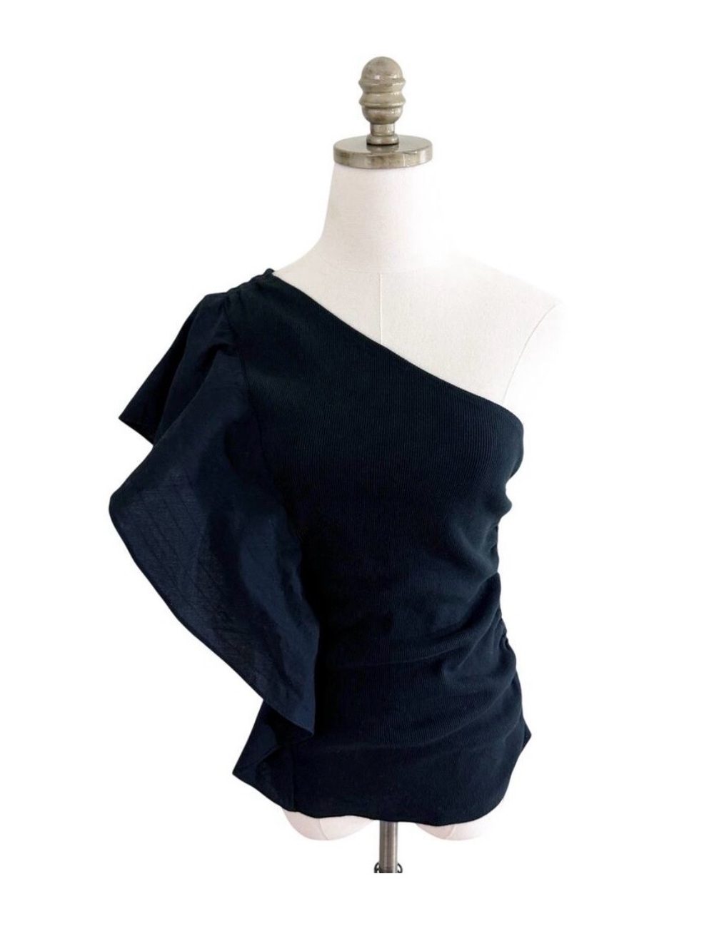 NWT Anthro Black One Shoulder Top Women's Sz Small Ruffle Detail Ruching Accent